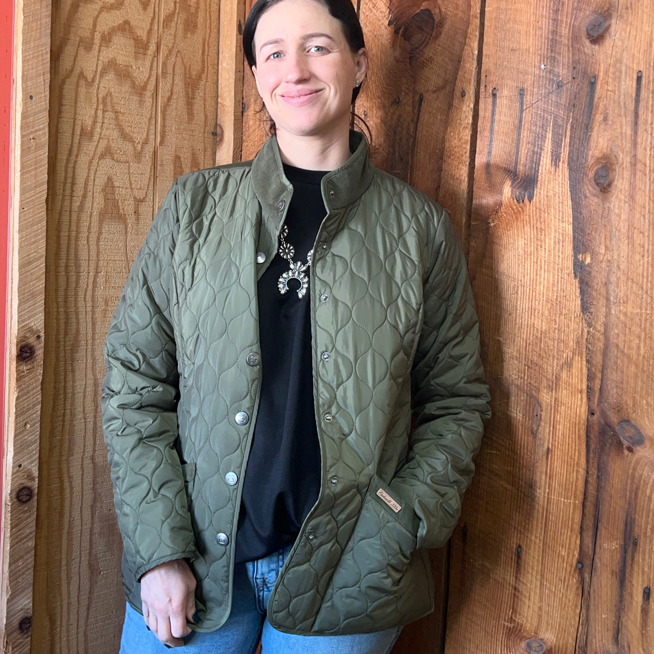 Triumph ライディングジャケット カーキ レディースXS Panhandle Ladies Olive Green Quilted Riding Jacket - Stockyard Style