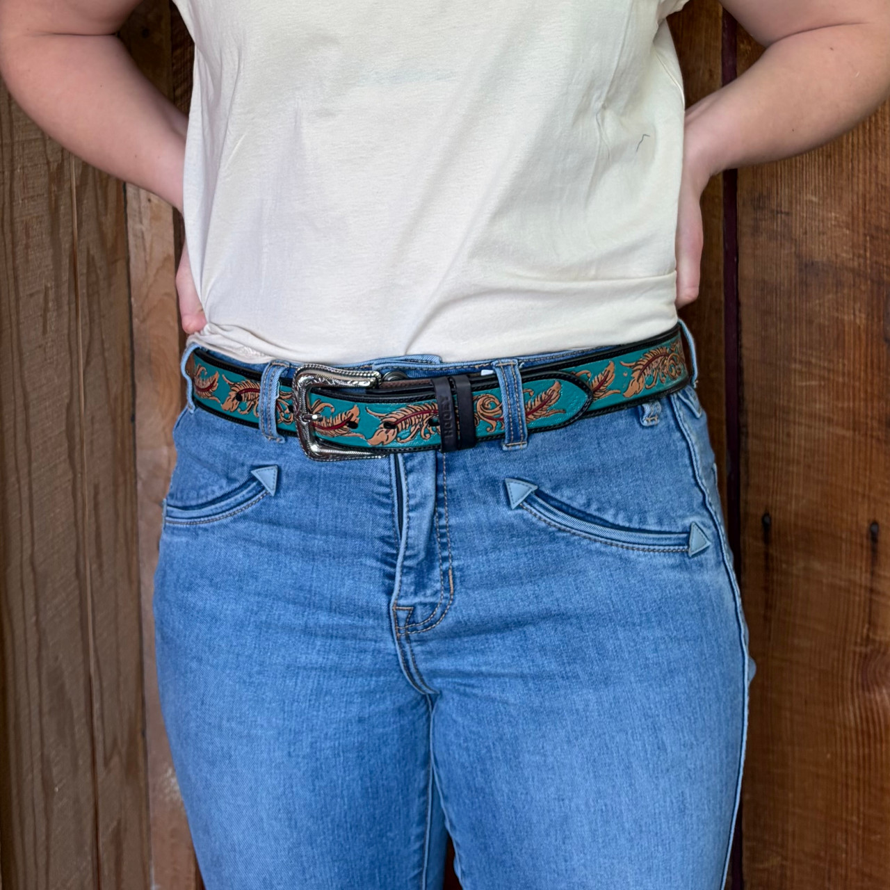 Hooey Women's Sequoia Black Hand-Tooled Feather Filigree Belt