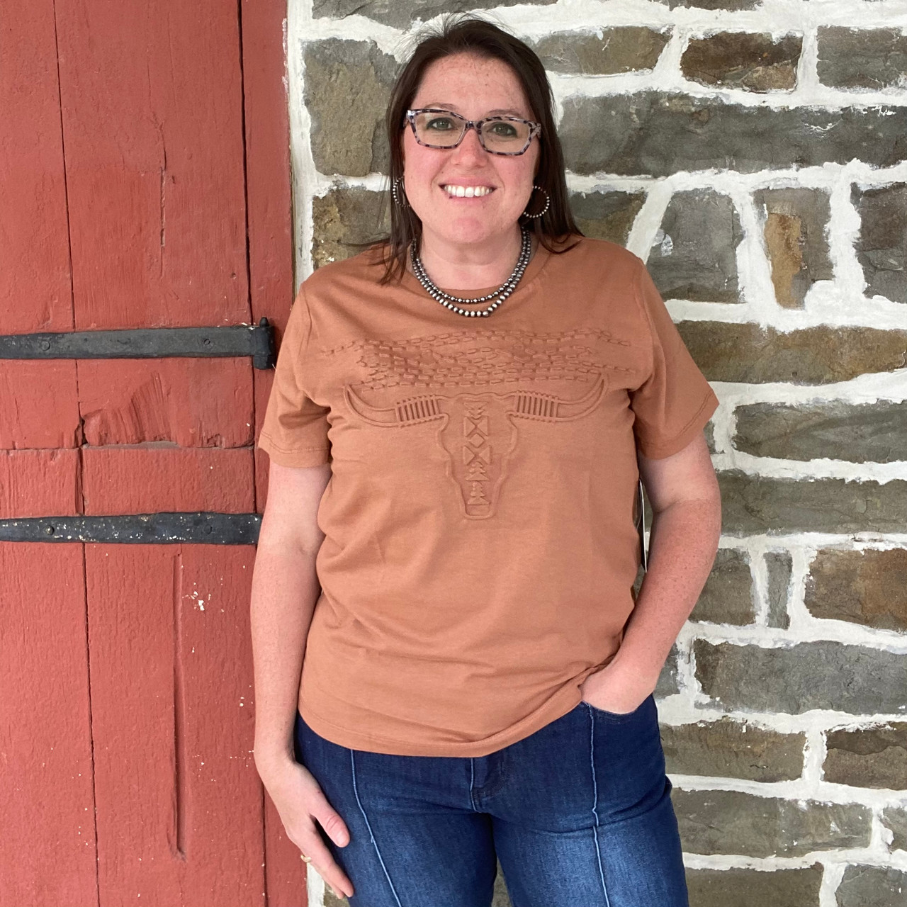 Panhandle Ladies Embossed Skull Tee in Camel - Stockyard Style