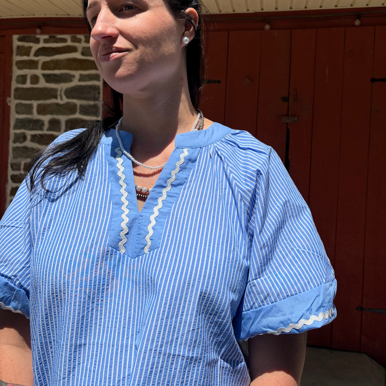 Ladies Blue Striped Puff Short Sleeve Blouse - Stockyard Style