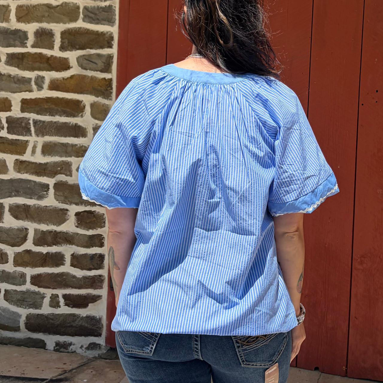 トップス Gypsohila Slash Blouse Stripe Blue Ladies Blue Striped Puff Short Sleeve Blouse - Stockyard Style