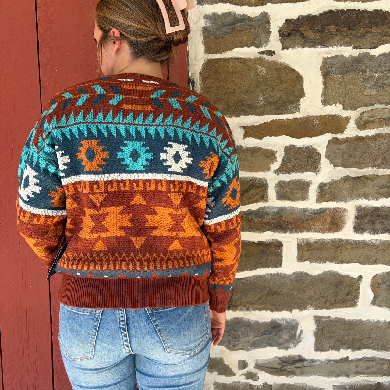 Panhandle Ladies Rust Aztec Striped Sweater - Stockyard Style