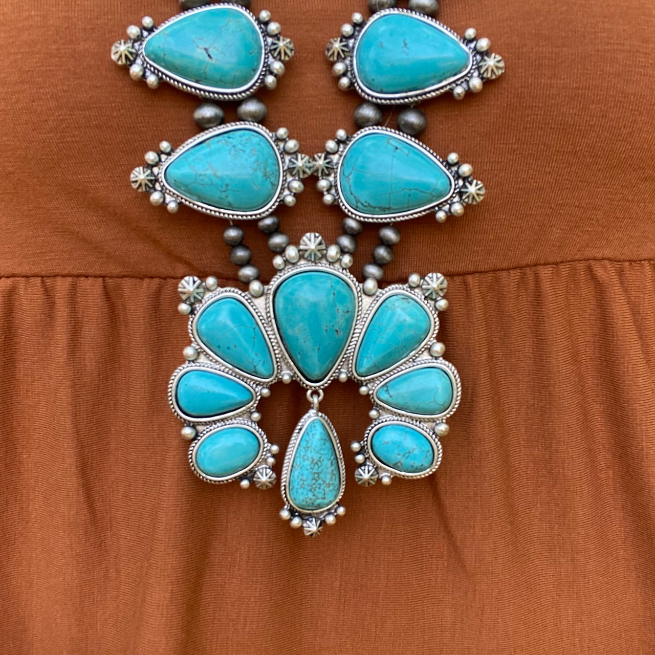 Chunky Turquoise and Faux Navajo Squash Blossom Necklace 731657