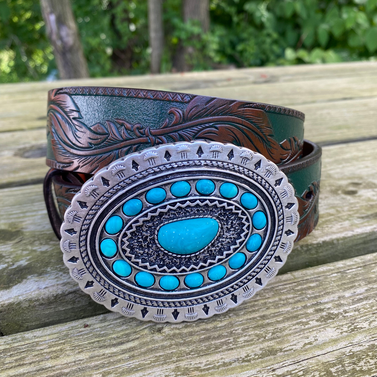 Women's Leather Belt with Turquoise Stone Buckle