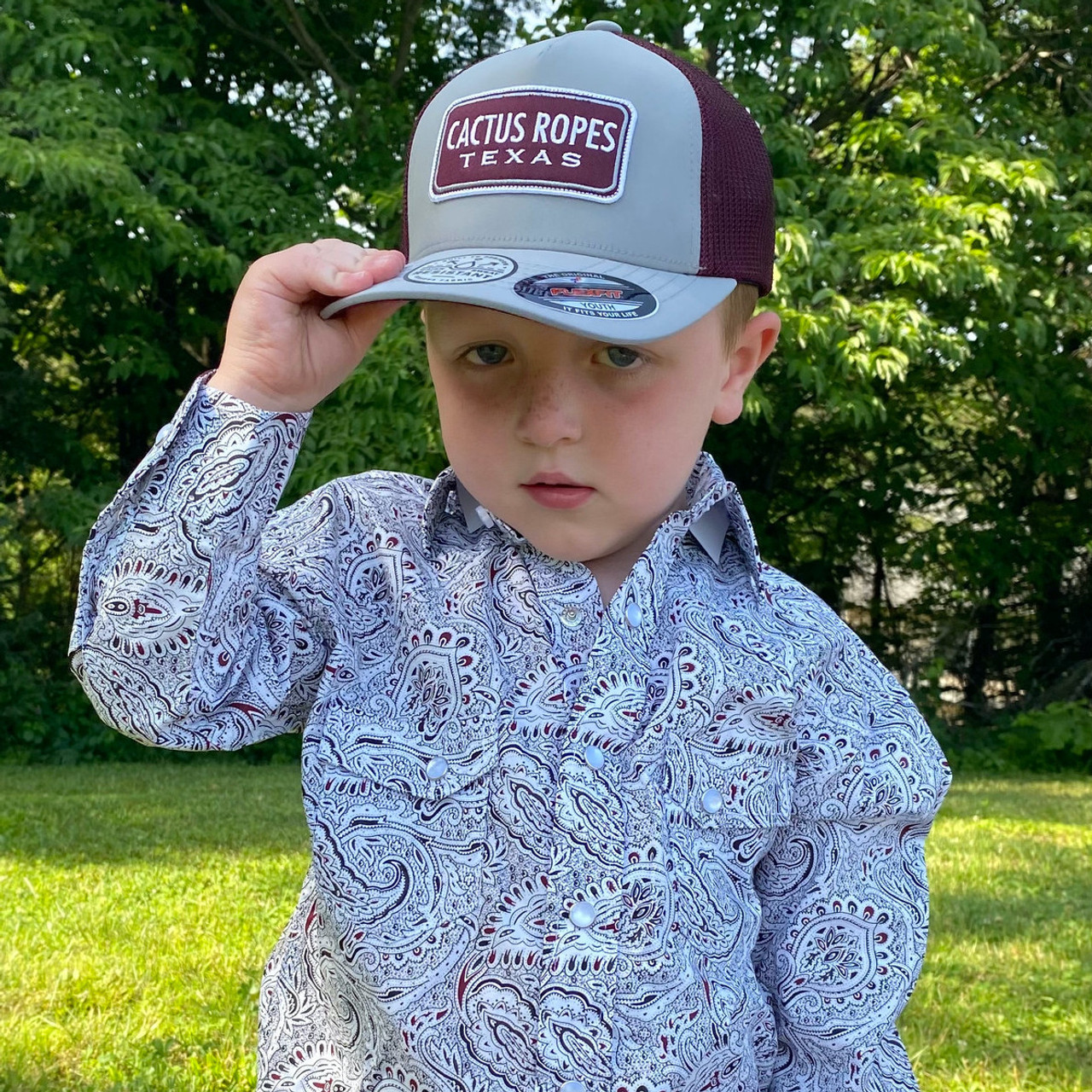 Hooey Youth Cactus Style Grey Maroon CR084-Y and Flexfit - Hat Stockyard Ropes