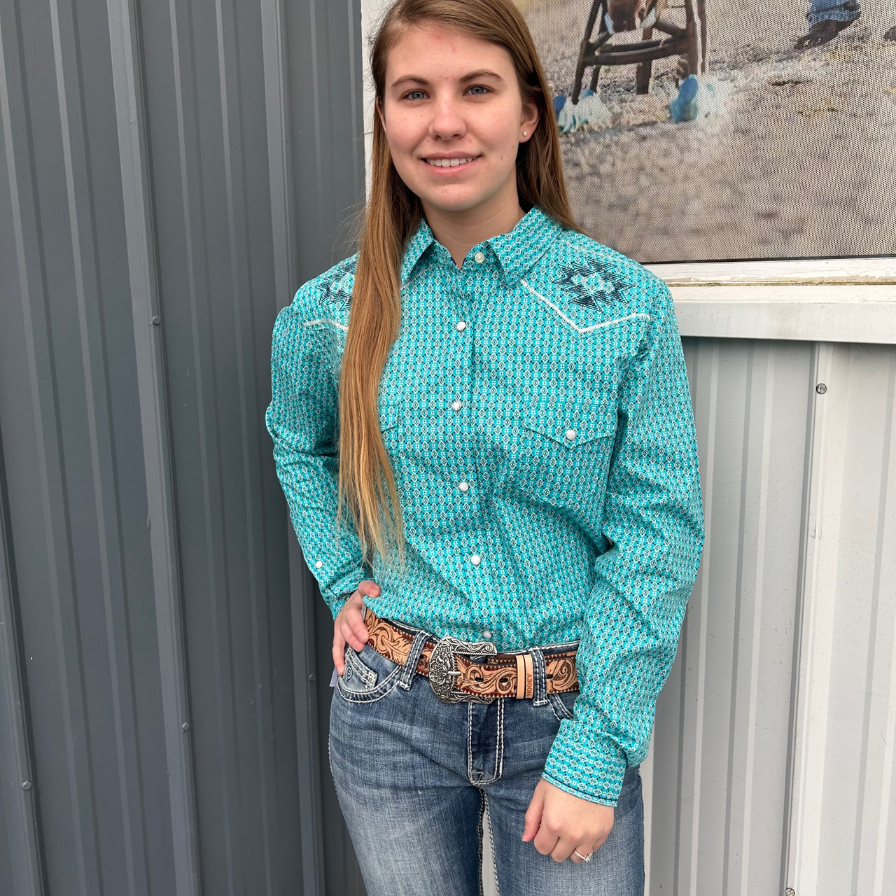 RLWSOSR13L Panhandle Junior's Long Sleeve Snap Shirt- Aquamarine Rodeo