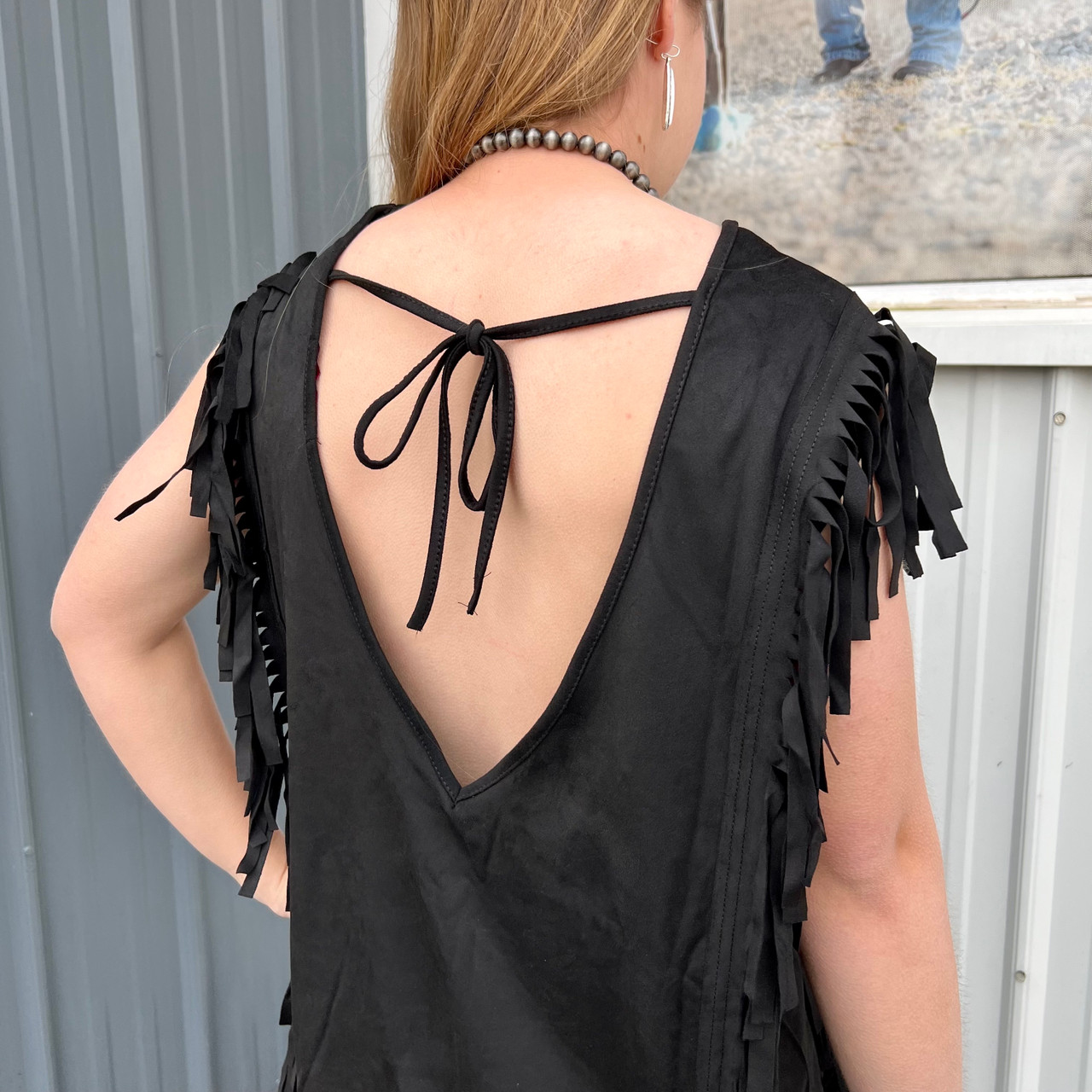 Rock & Roll Ladies Fringe Microsuede Dress in Black RRWRD0R0Y5