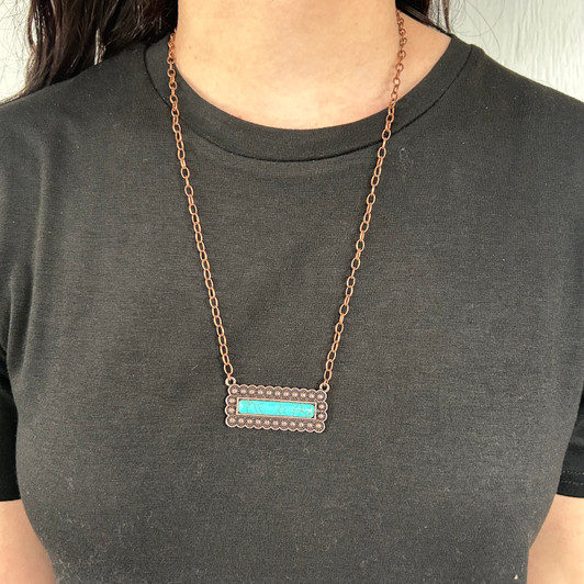 Copper Star Stamped Skinny Blue Turquoise Bar Necklace 163336