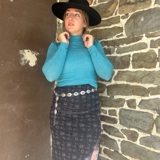 Rock & Roll Ladies Peacock Lurex Mock Neck Long Sleeve Top BW22T04478-P