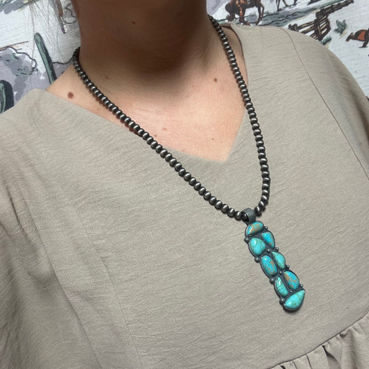 Faux Navajo Pearl Necklace with Turquoise Domino Pendant