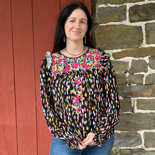 Savanna Jane Black Multi Floral Embroidered Long Sleeve Blouse T12001