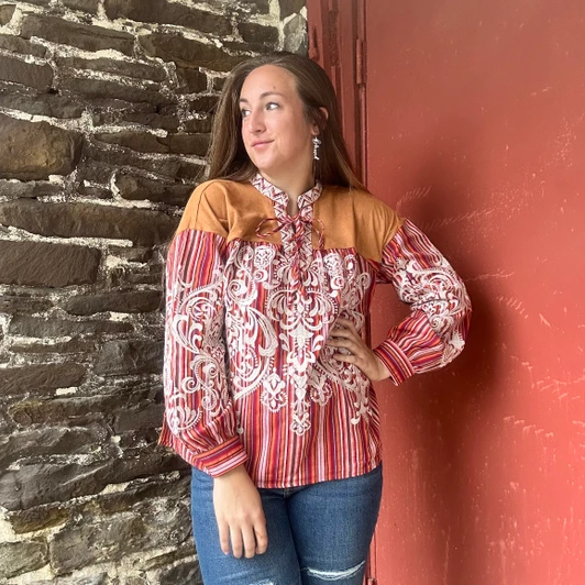 Savanna Jane Rust Striped Embroidered Blouse