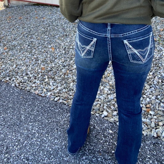 Rock & Roll Ladies Dark Wash Deep V Cowhide Pocket Riding Jeans BW4RD05326