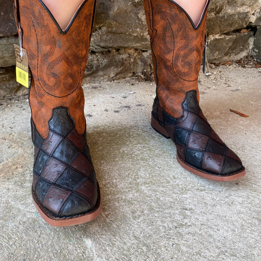 Roper Big Kid's Ostrich Patchwork Bird Blocks Square Toe Boot 09-119-1900-3622 BR