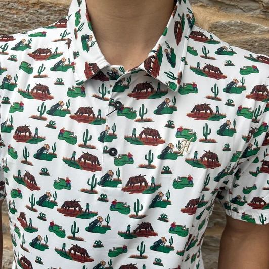 Hooey Men's White Cowboy Golf Scenery Polo Shirt HP034WHGR