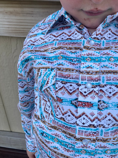 Panhandle Boy's Turquoise Western Print Long Sleeve Snap Down RBN2S05683