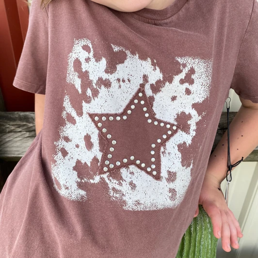 Rock & Roll Girl's Brown Cowhide Print Star Tee BG21T06313