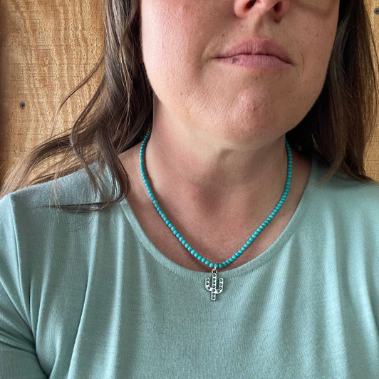 Turquoise Necklace with Silver Turquoise Cactus Pendant