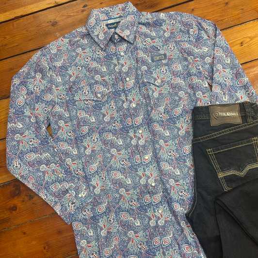 Panhandle Men's Blue and Red Paisley Rough Stock Snap Shirt RMN2S06544