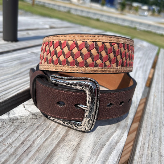 Hooey Men's Whip Filigree Brown/Tan/Red Basketweave Leather Belt HMBLT073