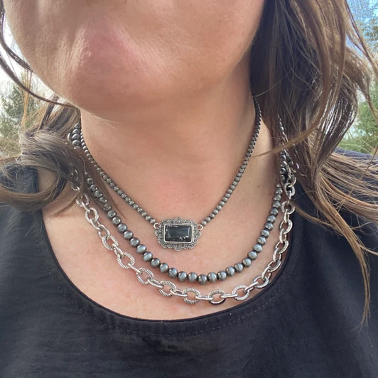 Faux Navajo Necklace with Black Rectangle Pendant