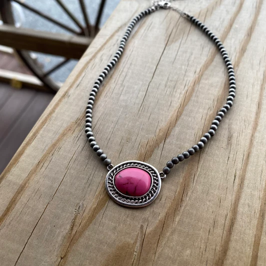 Faux Navajo Necklace with Fuchsia Rope Border Pendant