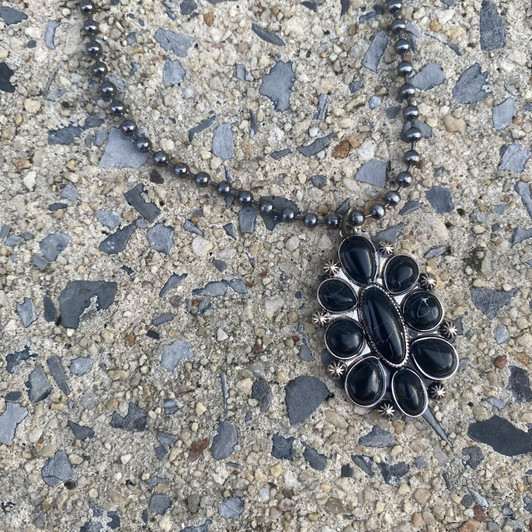 Ball Chain Black Onyx Flower Cluster Necklace