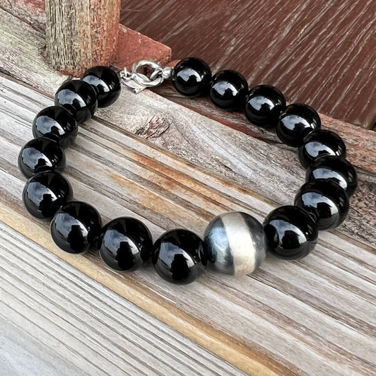 10mm Sterling Silver Pearl & Black Onyx Beaded Bracelet N-BRA2