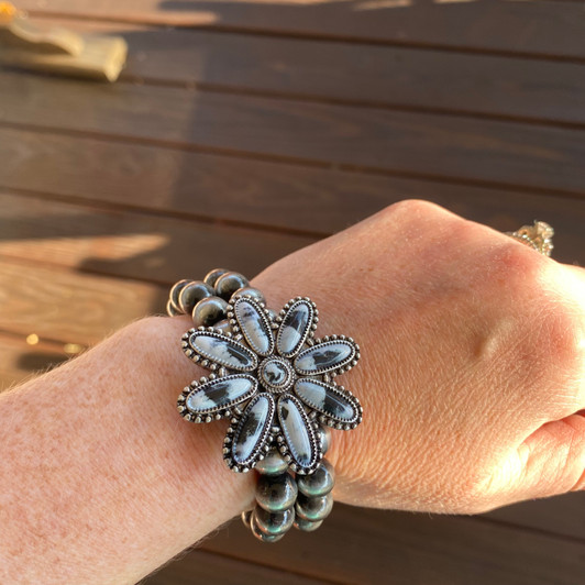 Faux Navajo and White Buffalo Flower Concho Stretch Bracelet
