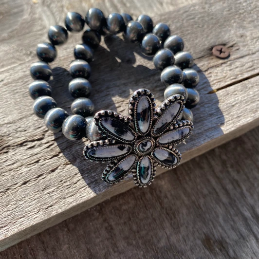 Faux Navajo and White Buffalo Flower Concho Stretch Bracelet