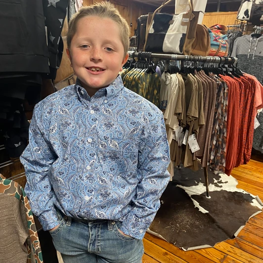 Panhandle Boy's Blue Paisley Long Sleeve Button Shirt SBB2S07401