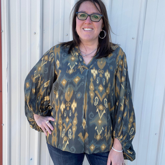 Panhandle Ladies Olive and Tan Balloon Sleeve Top