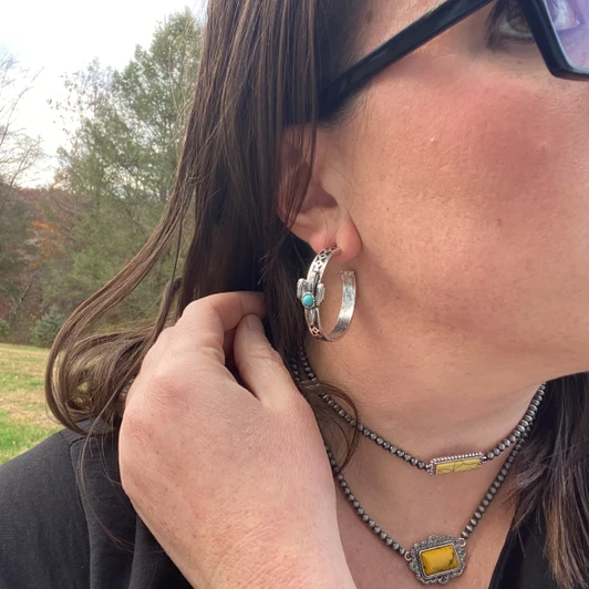 Aztec Turquoise Stone Cactus Hoop Earrings