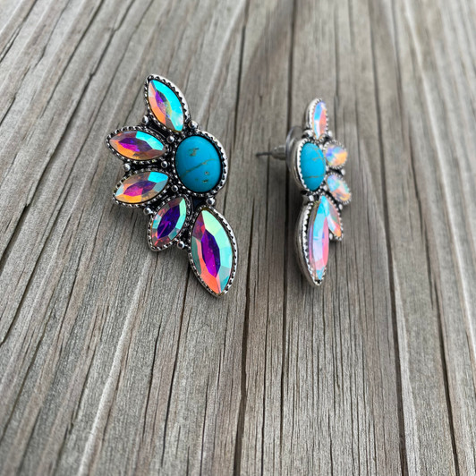 Rhinestone & Turquoise Half Flower Post Earrings