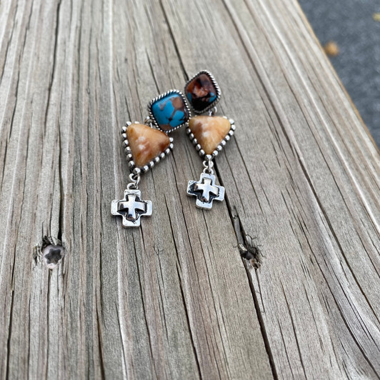 Spiny Post & Heart Cross Dangle Earrings