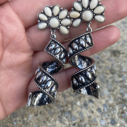 White Flower Post and Spiral Dangle Earrings