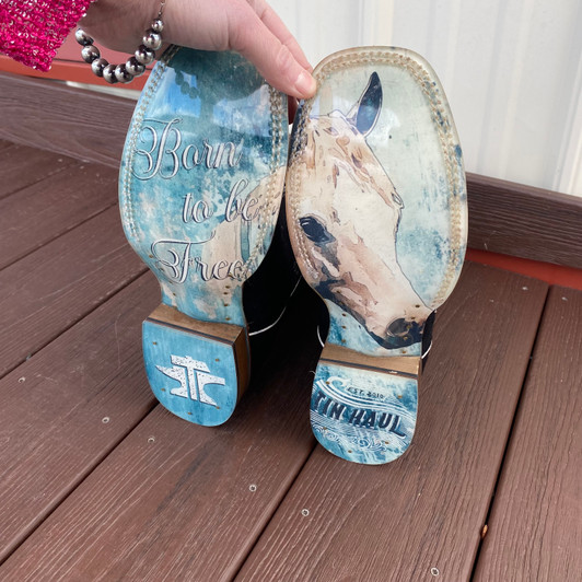 Tin Haul Women's Black Suede and Turquoise Embroidered Horse Square Toe Boot