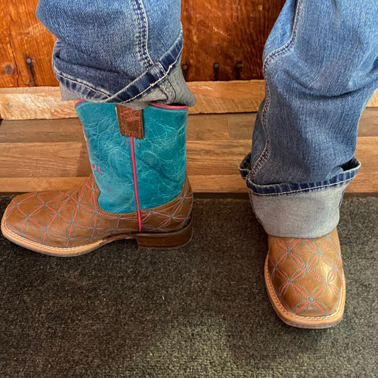 Tin Haul Little Kid's Twister Turquoise and Pink Square Toe Boot 14-018-0101-5105 BR