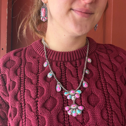 20" Faux Navajo Pearl & 2-Tiered Pink Dahlia Blossom Necklace AN4812-SBCC