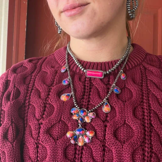Faux Navajo Pearl & Hot Pink Stone Pendant Choker AN4880-SBFU