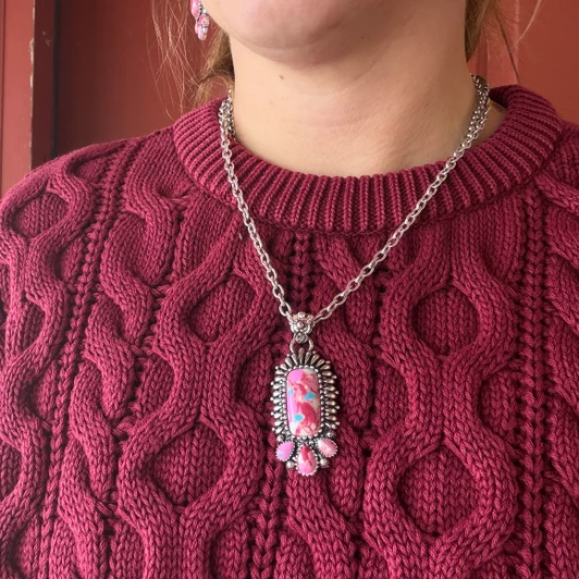 18" Cotton Candy Rectangle and Blossom Pendant Necklace AN5097-SBFU