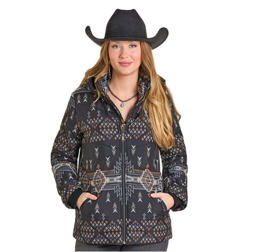 Panhandle Ladies Black Aztec Hooded Puffer Jacket DW92C06854
