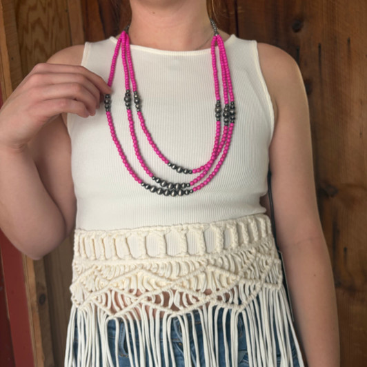 Long Triple Strand Graduated Faux Navajo Pearl & Hot Pink Necklace AN4913-SBPK