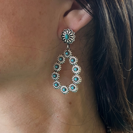 Silver Flower Concho Teardrop Earrings