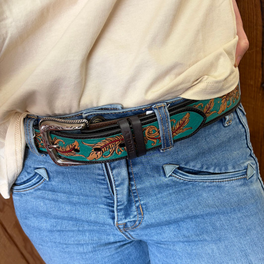 Hooey Women's Sequoia Black Hand-Tooled Feather Filigree Belt