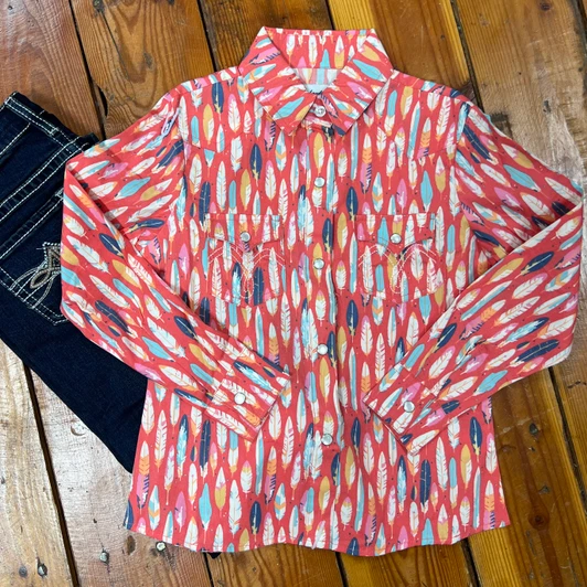 Panhandle Girl's Coral Feather Long Sleeve Snap Shirt