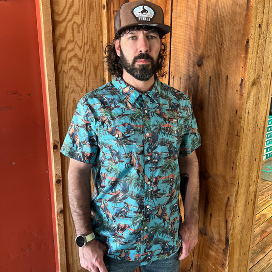 Rock & Roll Men's Turquoise Hang Ten Cowboy Tek Western Short Sleeve Snap Shirt BMN3S08398