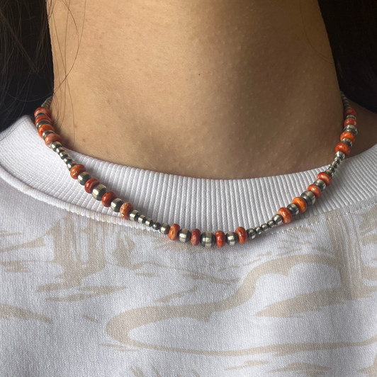 Handcrafted Orange Spiny & Sterling Silver 3-6mm Beaded Necklace