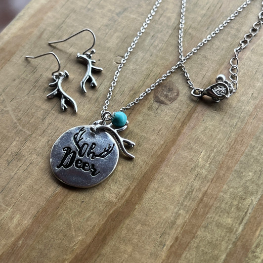 Stamped Oh Deer Antlers and Turquoise Necklace