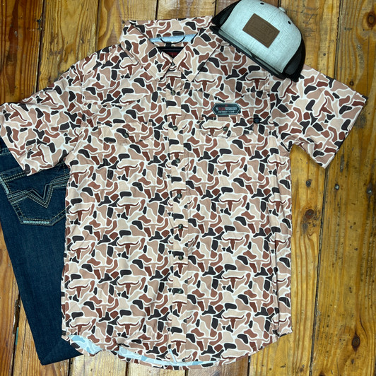 Rock & Roll Men's Camel Camo Printed Tek Short Sleeve Snap Shirt BMN3S08394